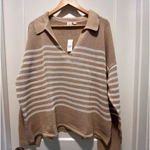 Gap Women's‎ Stripe Sweater Large Cotton Crochet  Collared Drop Shoulder Large - Picture 3 of 4
